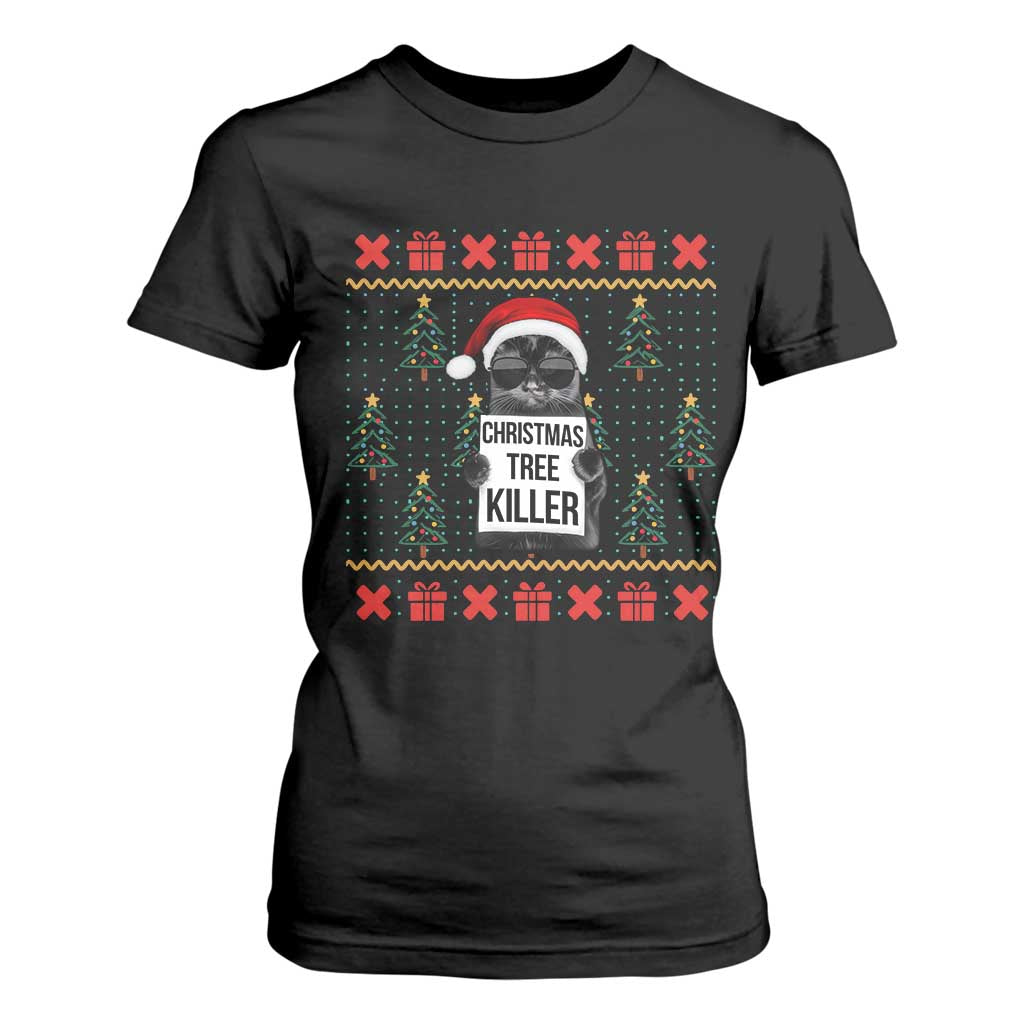 Funny Xmas Black Cat T Shirt For Women Christmas Tree Killer Santa Kitten TS12 Black Print Your Wear