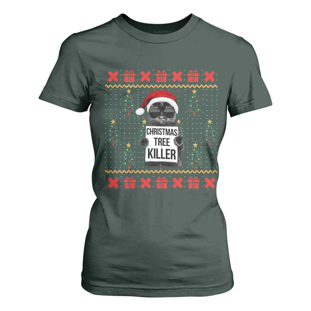 Funny Xmas Black Cat T Shirt For Women Christmas Tree Killer Santa Kitten TS12 Dark Forest Green Print Your Wear