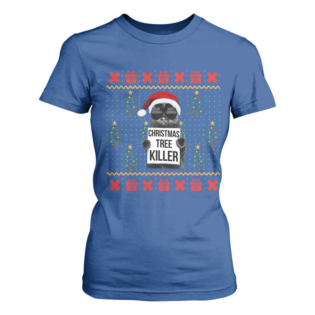 Funny Xmas Black Cat T Shirt For Women Christmas Tree Killer Santa Kitten TS12 Royal Blue Print Your Wear