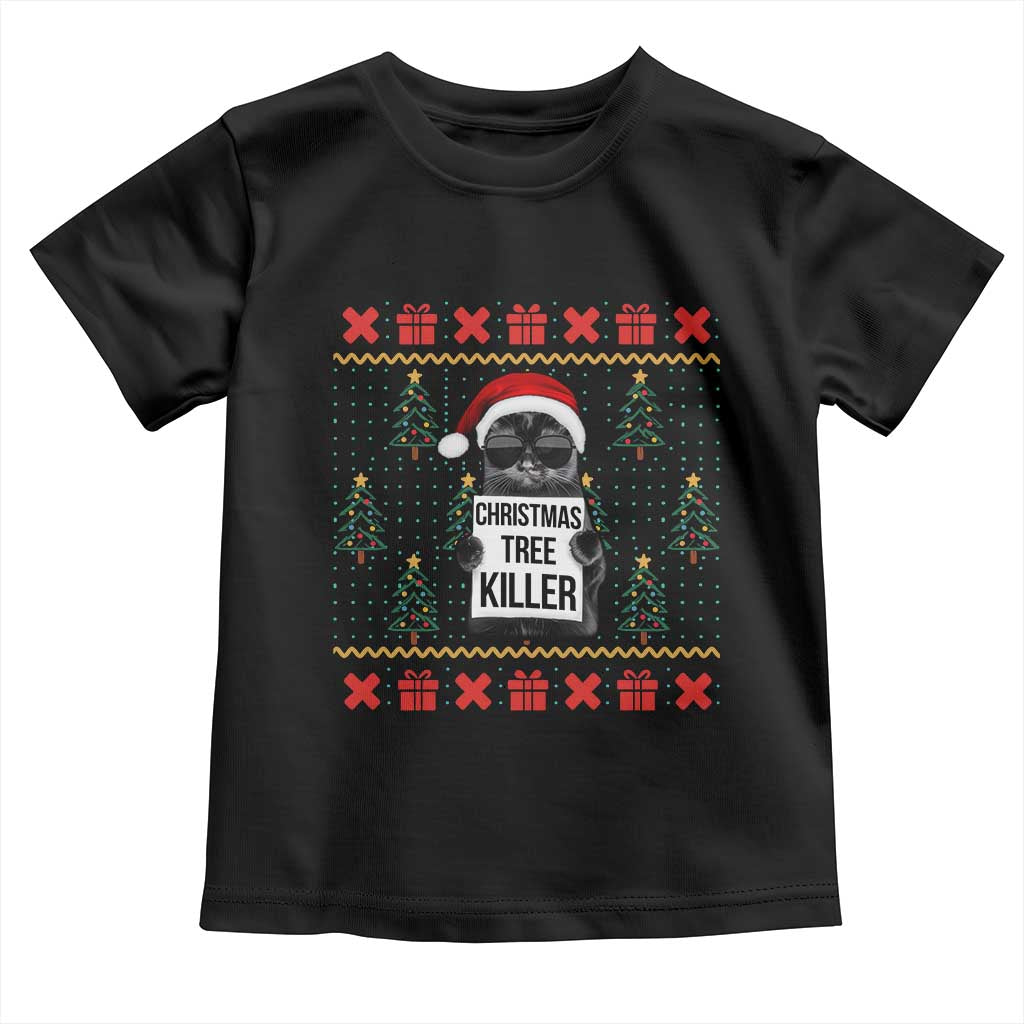 Funny Xmas Black Cat Toddler T Shirt Christmas Tree Killer Santa Kitten TS12 Black Print Your Wear