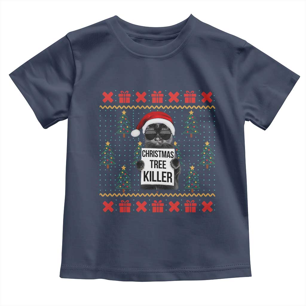 Funny Xmas Black Cat Toddler T Shirt Christmas Tree Killer Santa Kitten TS12 Navy Print Your Wear