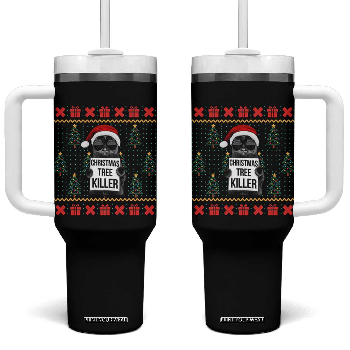 Funny Xmas Black Cat Tumbler With Handle Christmas Tree Killer Santa Kitten TS12 One Size: 40 oz Black Print Your Wear