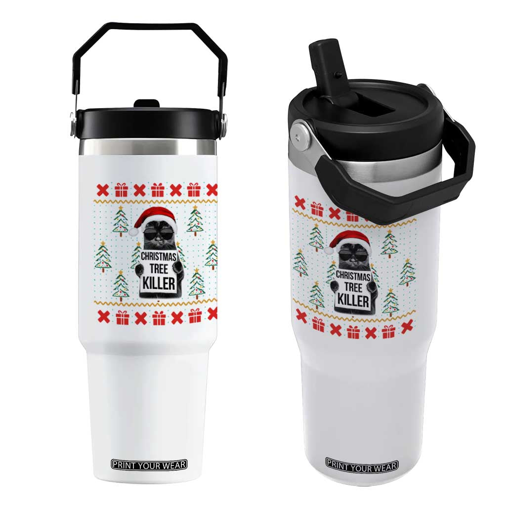 Funny Xmas Black Cat Flip Straw Tumbler Christmas Tree Killer Santa Kitten TS12 One Size: 30 oz White Print Your Wear
