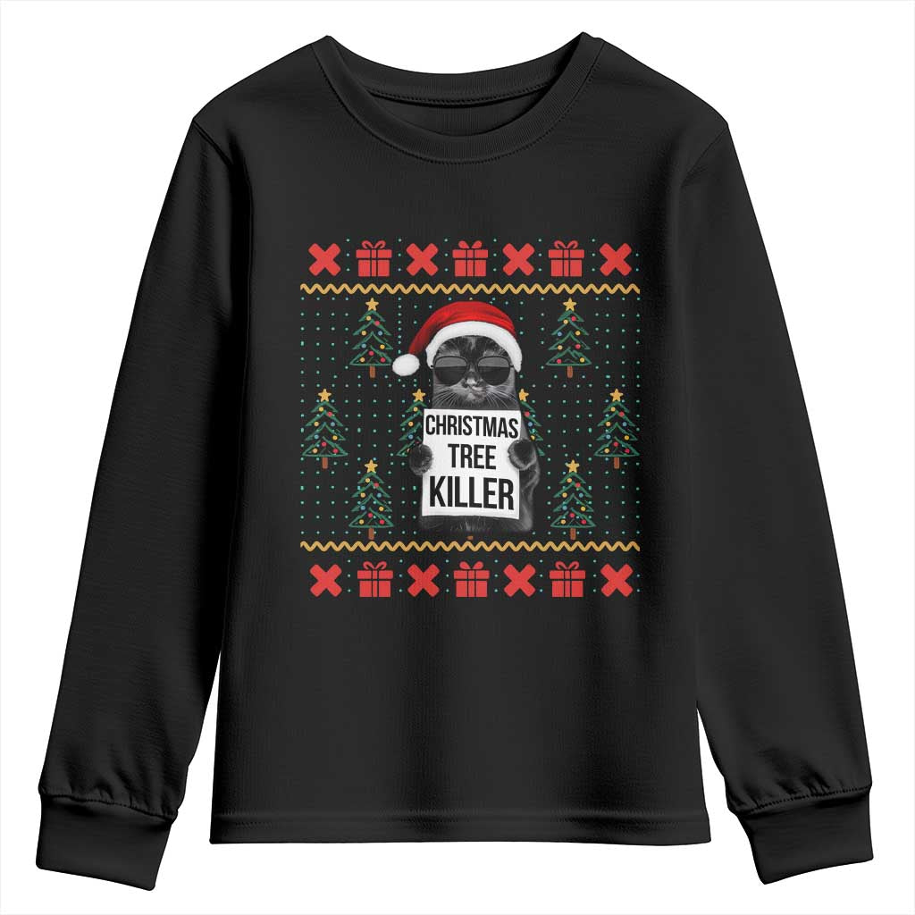 Funny Xmas Black Cat Youth Sweatshirt Christmas Tree Killer Santa Kitten TS12 Black Print Your Wear