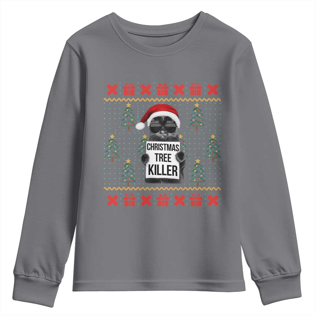 Funny Xmas Black Cat Youth Sweatshirt Christmas Tree Killer Santa Kitten TS12 Charcoal Print Your Wear