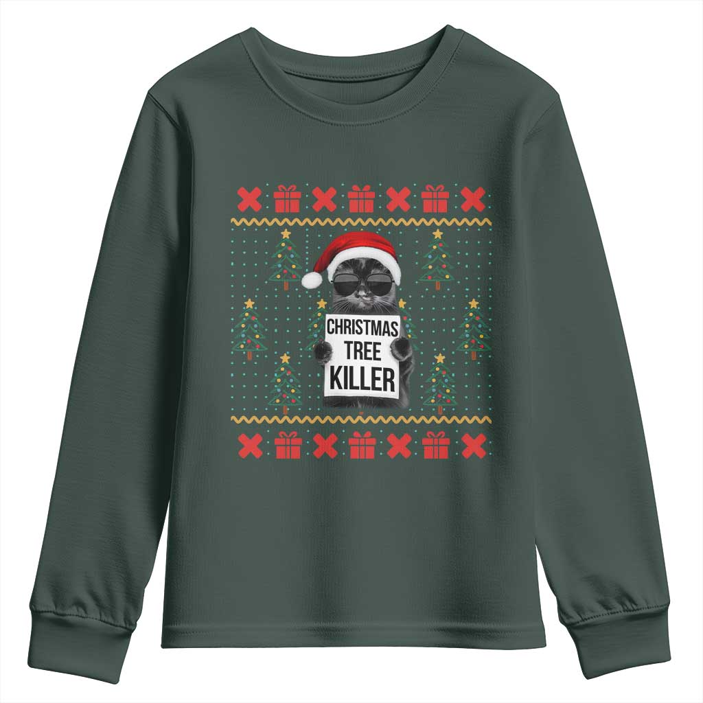 Funny Xmas Black Cat Youth Sweatshirt Christmas Tree Killer Santa Kitten TS12 Dark Forest Green Print Your Wear