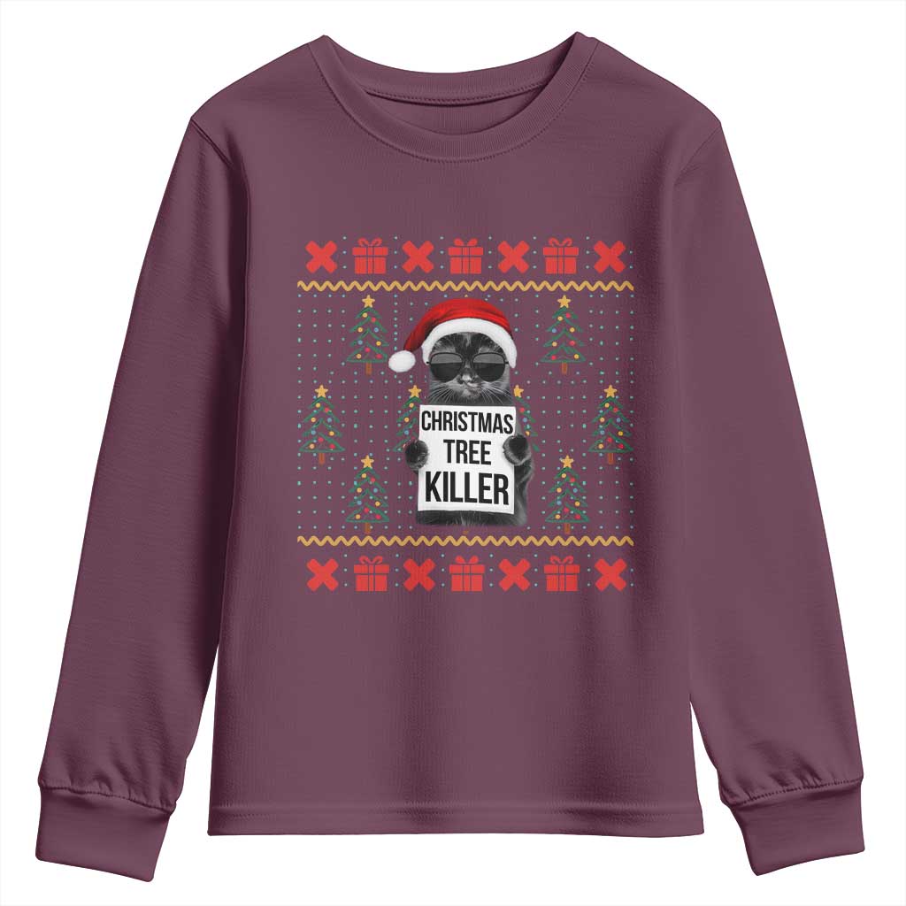 Funny Xmas Black Cat Youth Sweatshirt Christmas Tree Killer Santa Kitten TS12 Maroon Print Your Wear