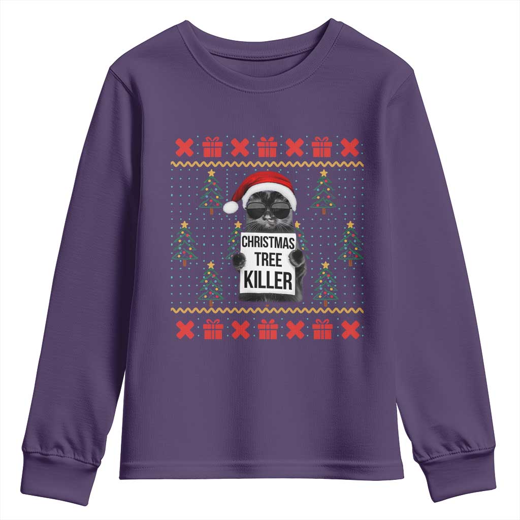 Funny Xmas Black Cat Youth Sweatshirt Christmas Tree Killer Santa Kitten TS12 Purple Print Your Wear