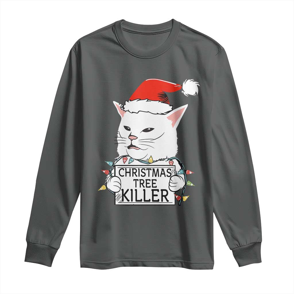 Funny Xmas Grumpy Cat Long Sleeve Shirt Christmas Tree Killer Santa Kitten TS12 Dark Heather Print Your Wear
