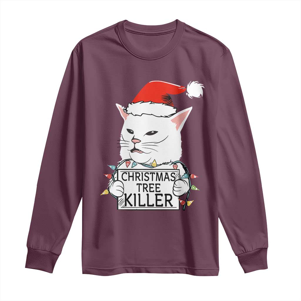 Funny Xmas Grumpy Cat Long Sleeve Shirt Christmas Tree Killer Santa Kitten TS12 Maroon Print Your Wear