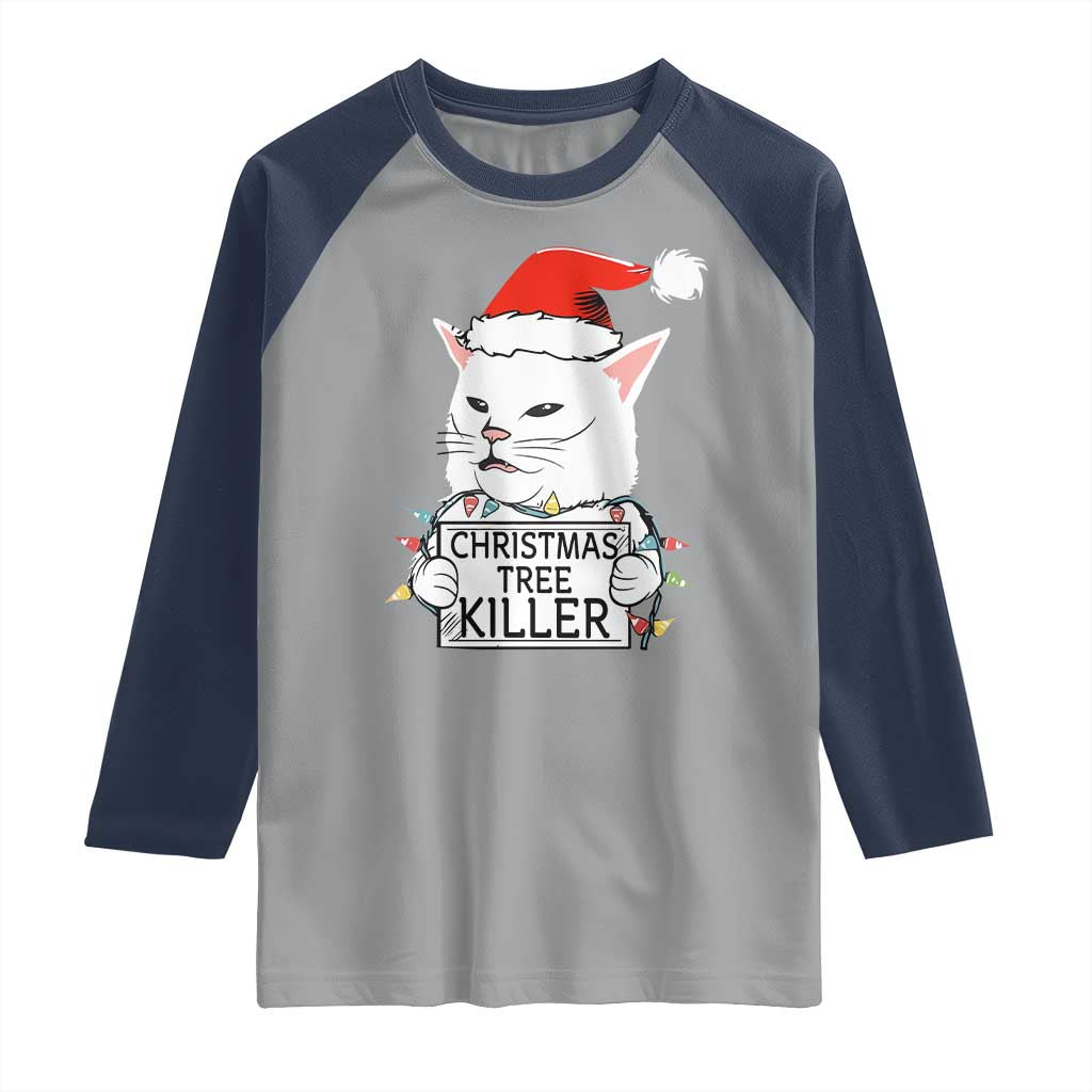 Funny Xmas Grumpy Cat Raglan Shirt Christmas Tree Killer Santa Kitten TS12 Sport Gray Navy Print Your Wear