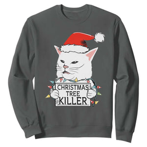 Funny Xmas Grumpy Cat Sweatshirt Christmas Tree Killer Santa Kitten TS12 Dark Heather Print Your Wear