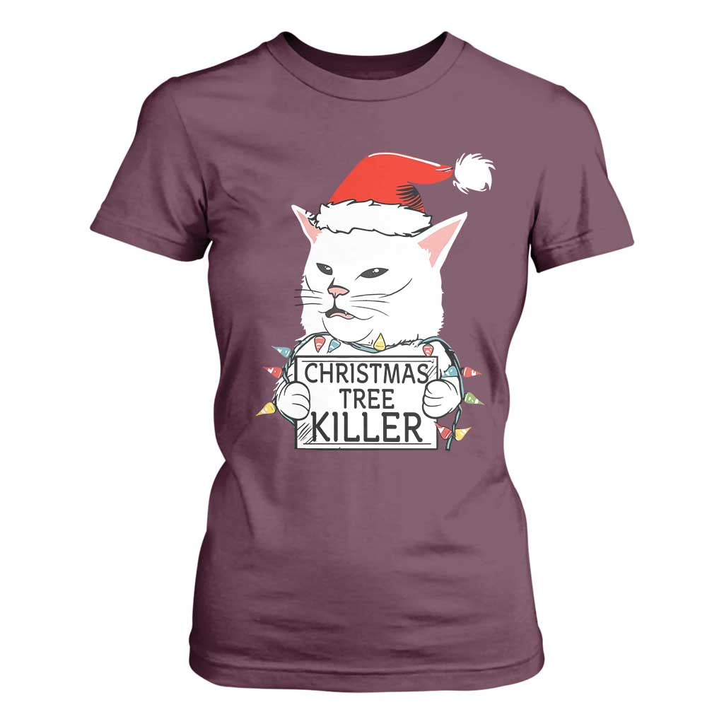 Funny Xmas Grumpy Cat T Shirt For Women Christmas Tree Killer Santa Kitten TS12 Maroon Print Your Wear