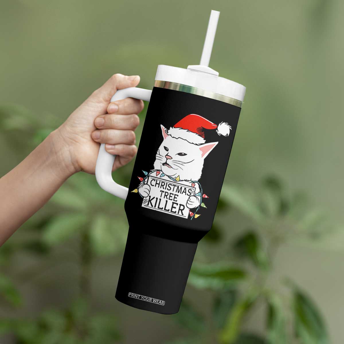 Funny Xmas Grumpy Cat Tumbler With Handle Christmas Tree Killer Santa Kitten TS12 Print Your Wear