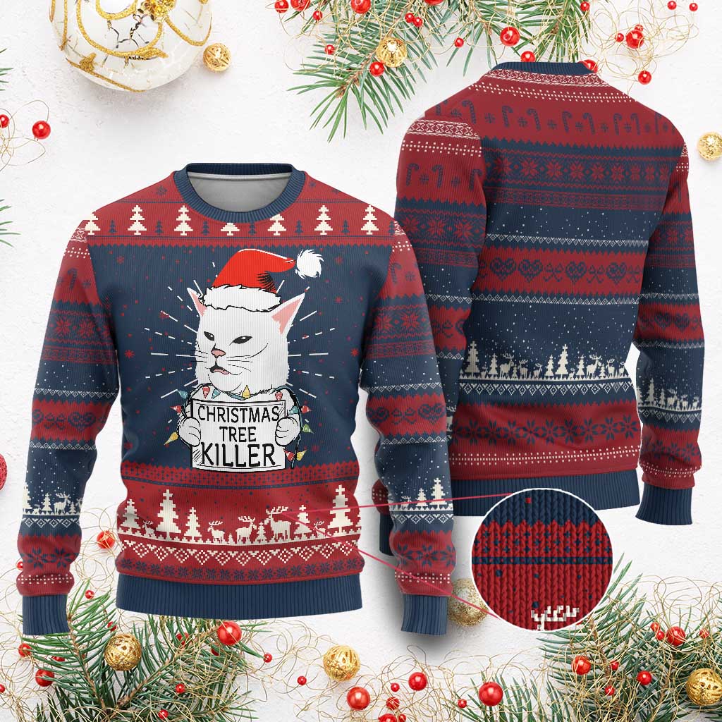 Funny Xmas Grumpy Cat Ugly Christmas Sweater Xmas Tree Killer Santa Kitten TS12 Burgundy Print Your Wear