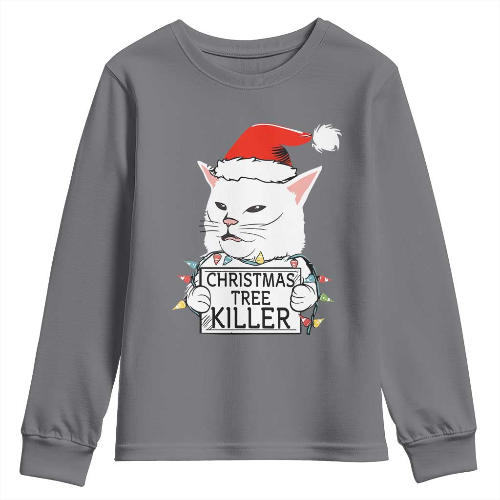 Funny Xmas Grumpy Cat Youth Sweatshirt Christmas Tree Killer Santa Kitten TS12 Charcoal Print Your Wear
