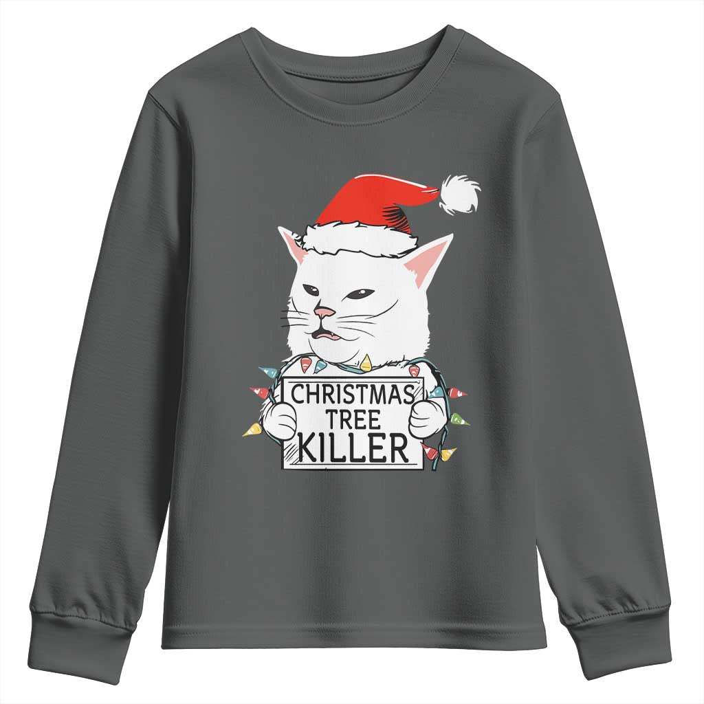 Funny Xmas Grumpy Cat Youth Sweatshirt Christmas Tree Killer Santa Kitten TS12 Dark Heather Print Your Wear
