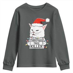 Funny Xmas Grumpy Cat Youth Sweatshirt Christmas Tree Killer Santa Kitten TS12 Dark Heather Print Your Wear