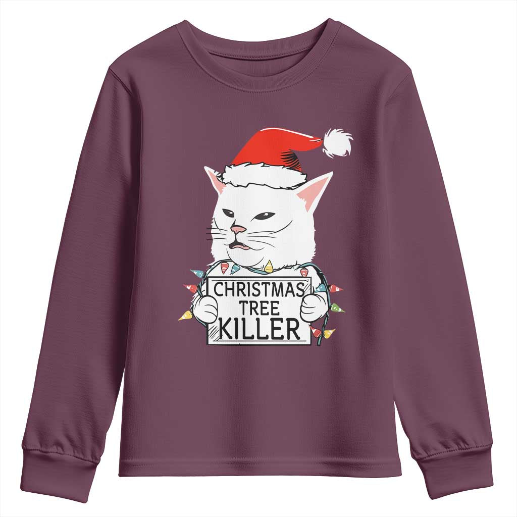 Funny Xmas Grumpy Cat Youth Sweatshirt Christmas Tree Killer Santa Kitten TS12 Maroon Print Your Wear