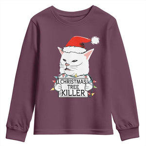 Funny Xmas Grumpy Cat Youth Sweatshirt Christmas Tree Killer Santa Kitten TS12 Maroon Print Your Wear