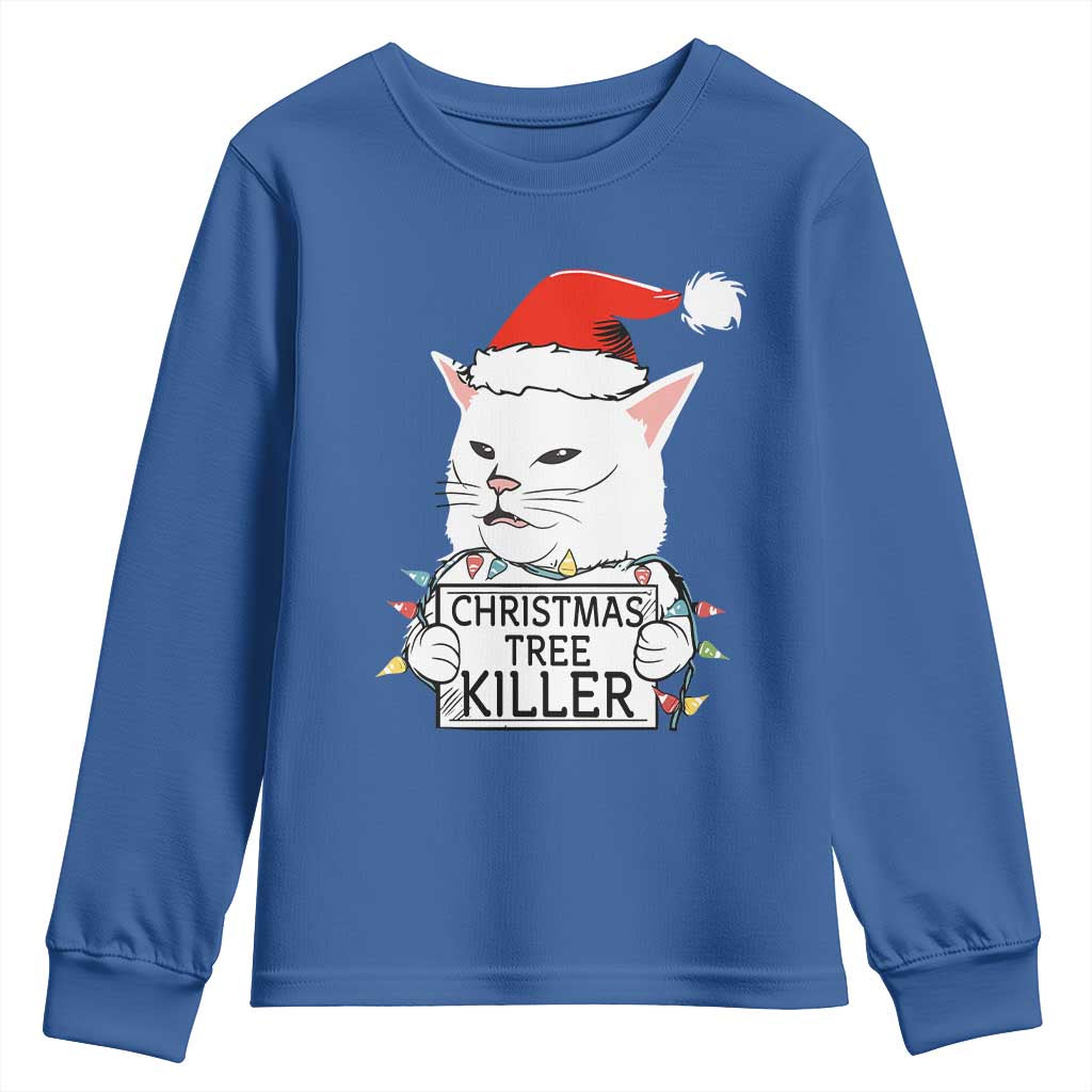 Funny Xmas Grumpy Cat Youth Sweatshirt Christmas Tree Killer Santa Kitten TS12 Royal Blue Print Your Wear