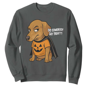 Halloween Dachshund Dog Sweatshirt Did Somebody Say Treat Meme TS12 Dark Heather Print Your Wear
