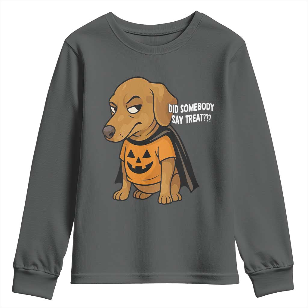 Halloween Dachshund Dog Youth Sweatshirt Did Somebody Say Treat Meme TS12 Dark Heather Print Your Wear