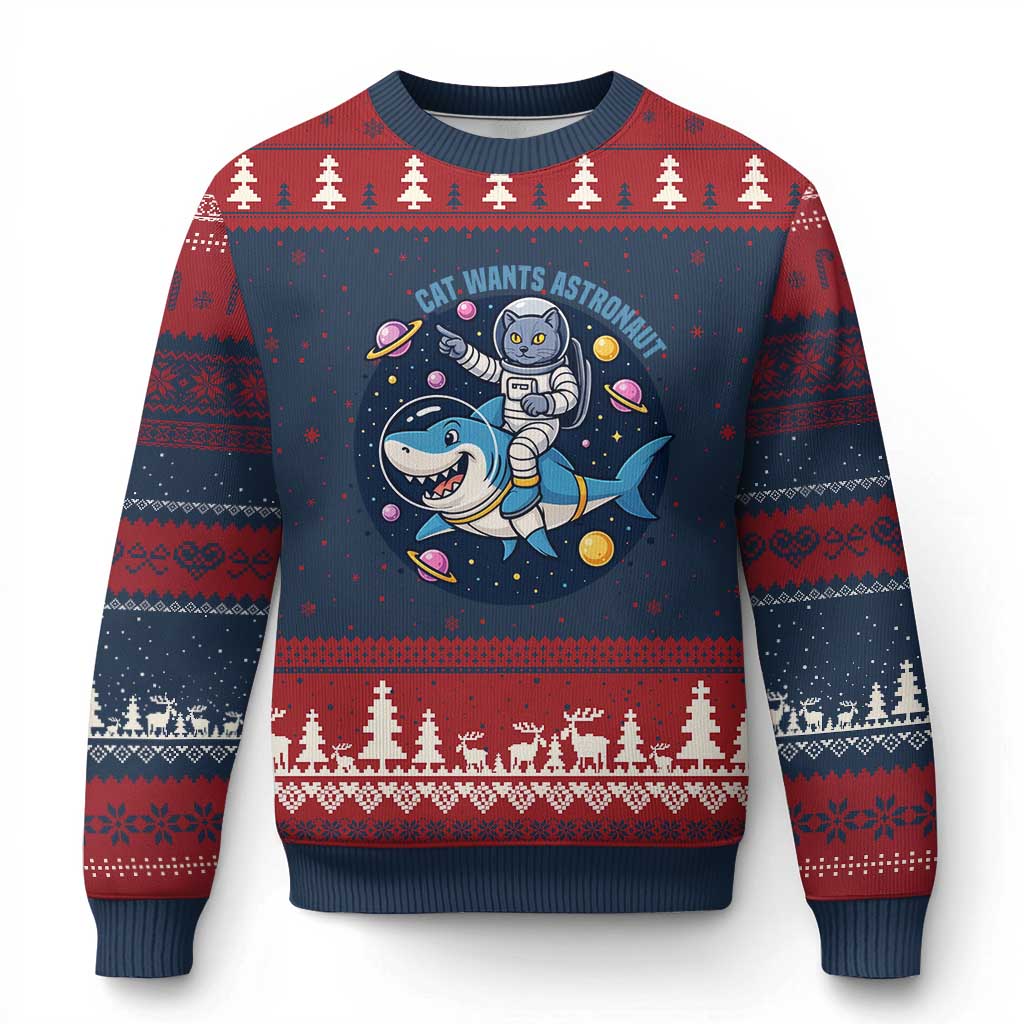 Funny Space Cat Wants Astronaut Ugly Christmas Sweater Sharks Sci fi Fan Universe TS12 Navy Red Print Your Wear