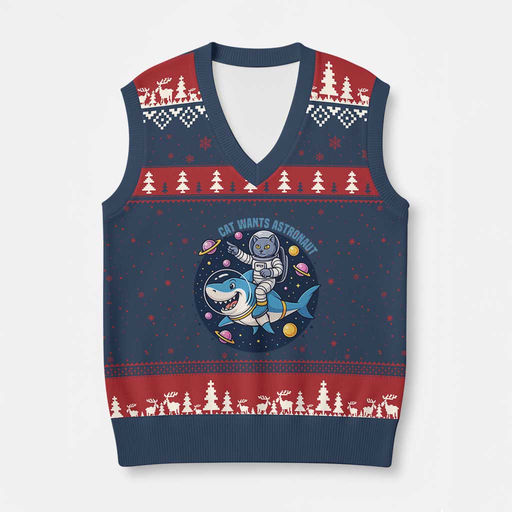 Funny Space Cat Wants Astronaut V-Neck Knit Sweater Vest Sharks Sci fi Fan Universe TS12 Navy Red Print Your Wear