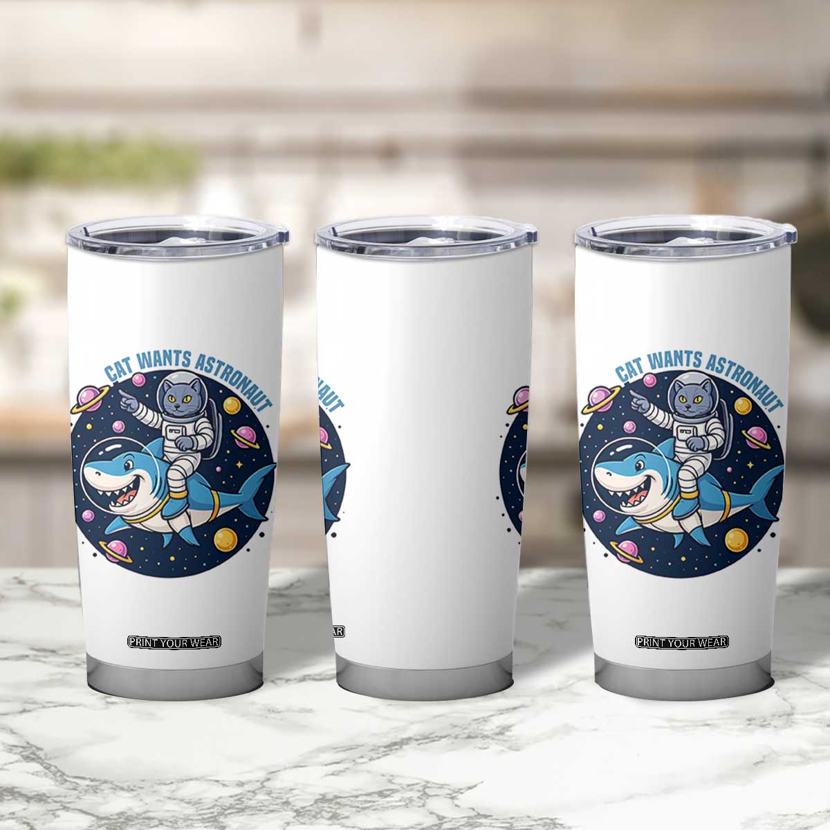 Funny Space Cat Wants Astronaut Tumbler Cup Sharks Sci fi Fan Universe TS12 Print Your Wear