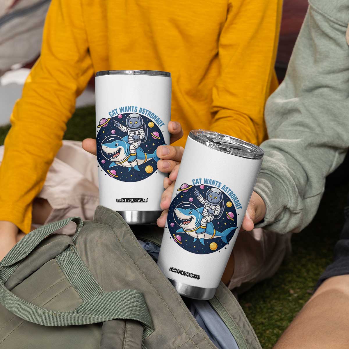 Funny Space Cat Wants Astronaut Tumbler Cup Sharks Sci fi Fan Universe TS12 Print Your Wear