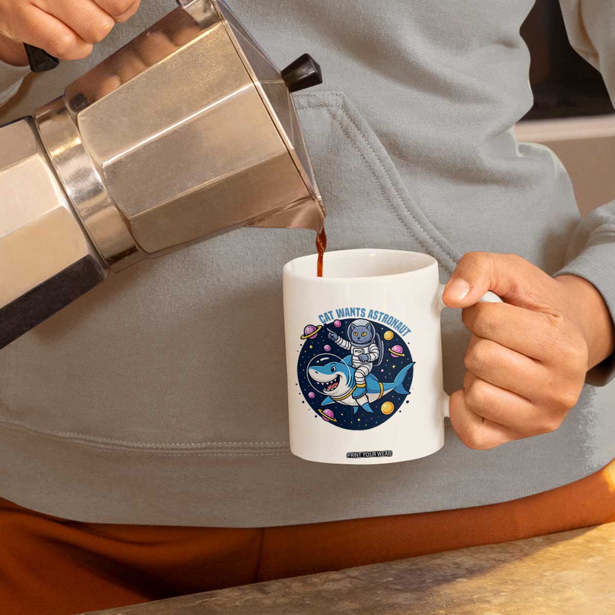 Funny Space Cat Wants Astronaut Coffee Mug Sharks Sci fi Fan Universe TS12 Print Your Wear