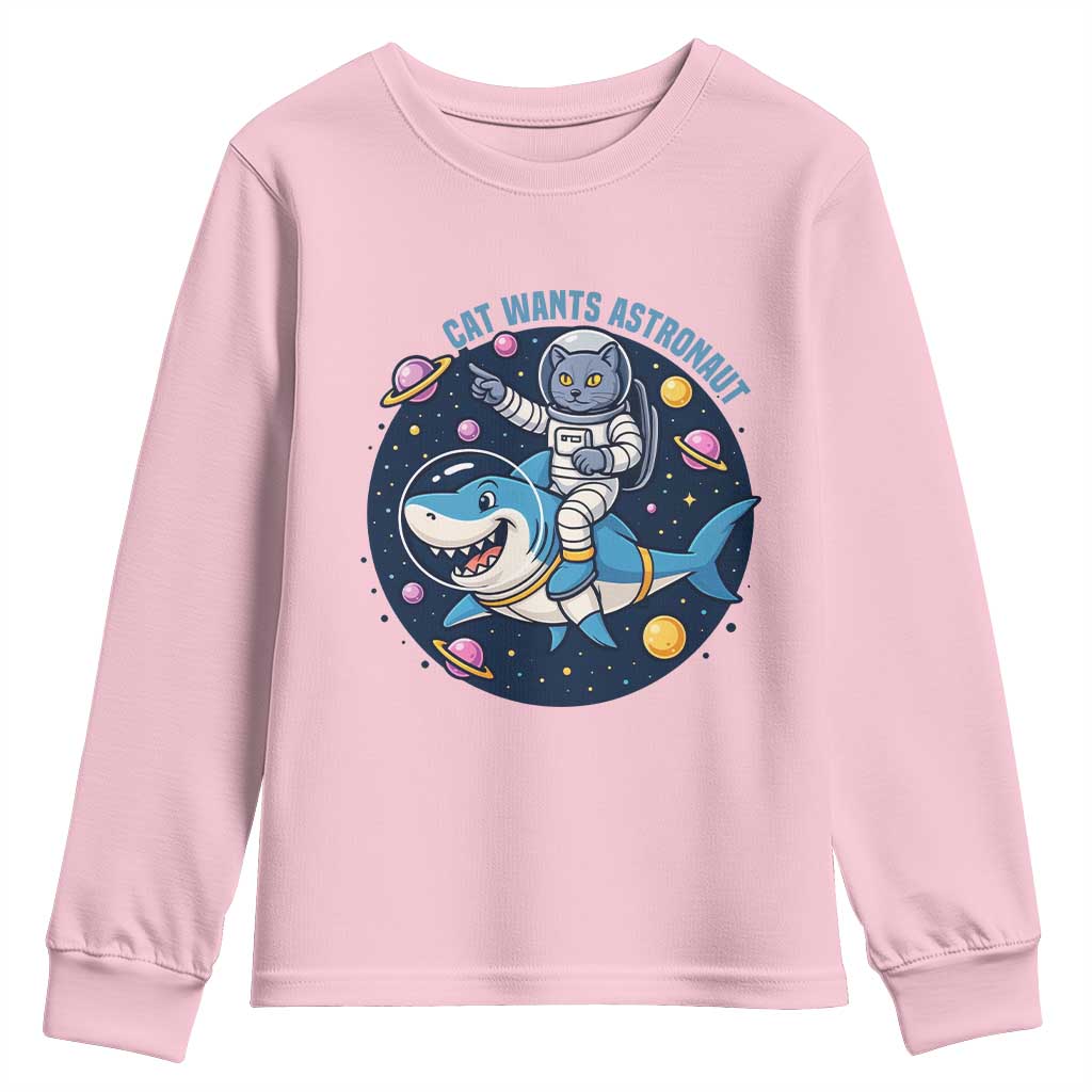 Funny Space Cat Wants Astronaut Youth Sweatshirt Sharks Sci fi Fan Universe TS12 Light Pink Print Your Wear