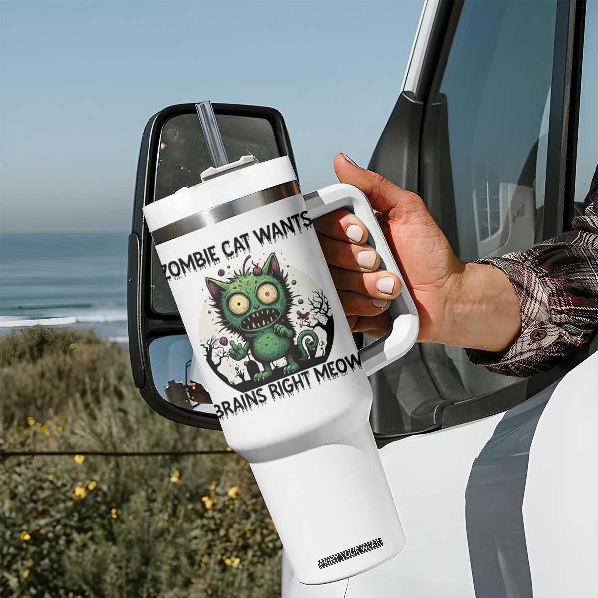 Funny Zombie Cat Wants Brains Right Meow Tumbler With Handle Halloween Zombie Kitten TS12 Print Your Wear