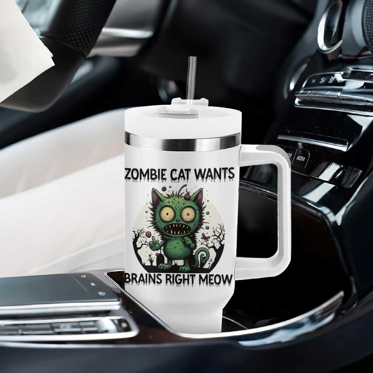 Funny Zombie Cat Wants Brains Right Meow Tumbler With Handle Halloween Zombie Kitten TS12 Print Your Wear