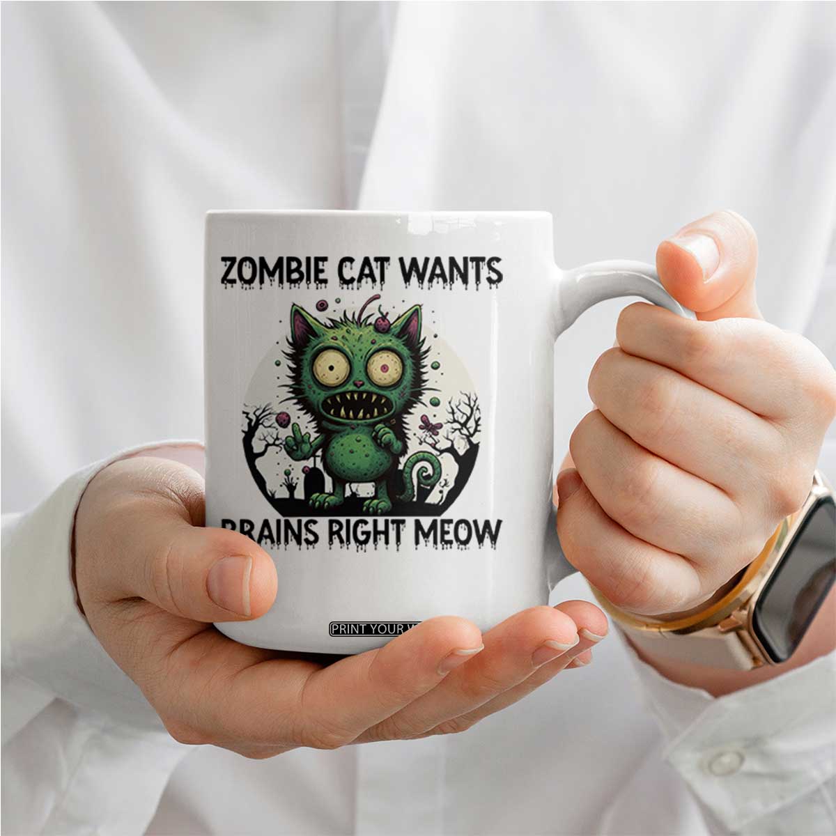 Funny Zombie Cat Wants Brains Right Meow Coffee Mug Halloween Zombie Kitten TS12 Print Your Wear