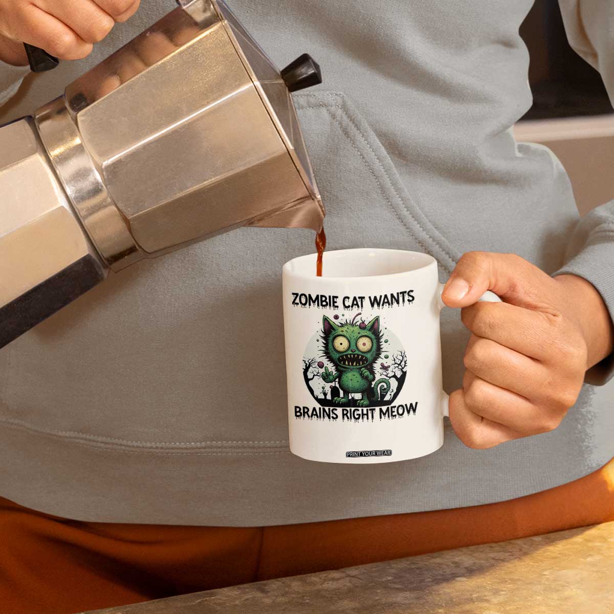 Funny Zombie Cat Wants Brains Right Meow Coffee Mug Halloween Zombie Kitten TS12 Print Your Wear