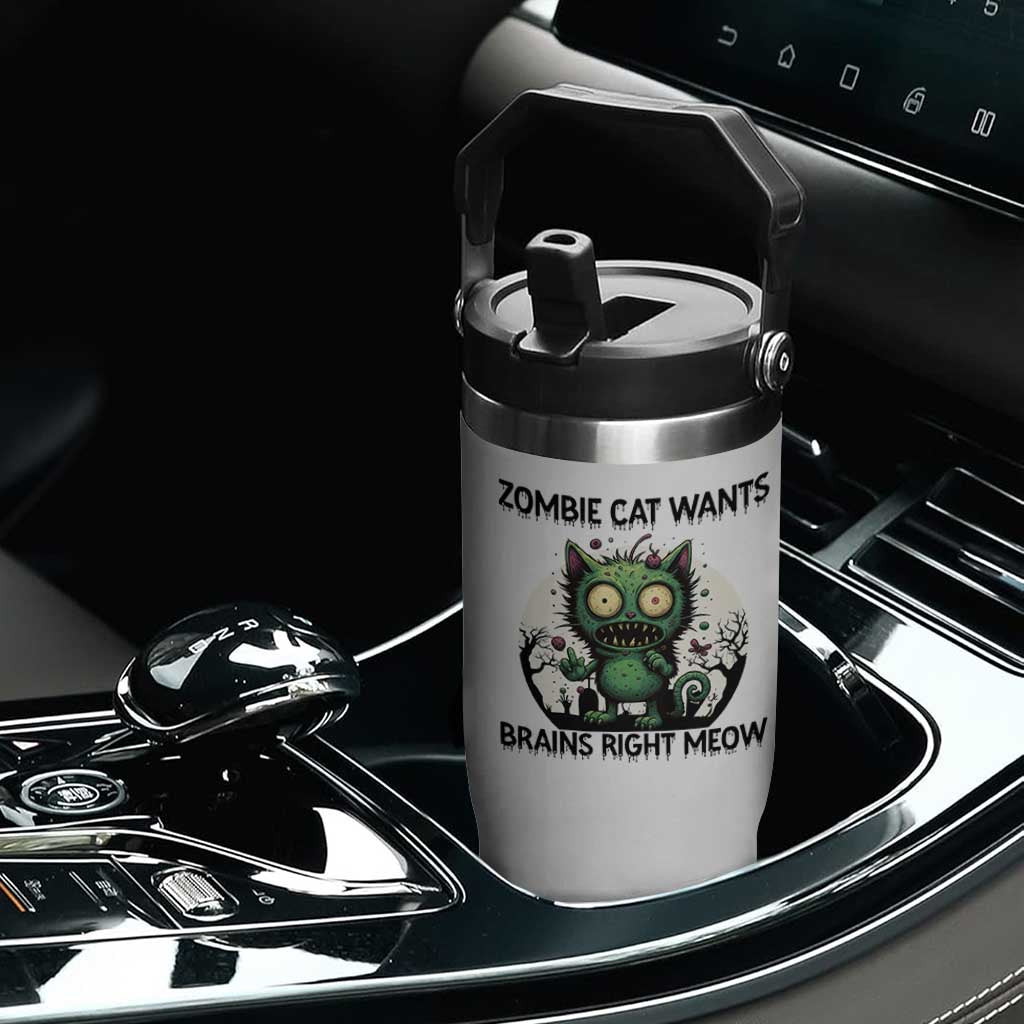 Funny Zombie Cat Wants Brains Right Meow Flip Straw Tumbler Halloween Zombie Kitten TS12 Print Your Wear