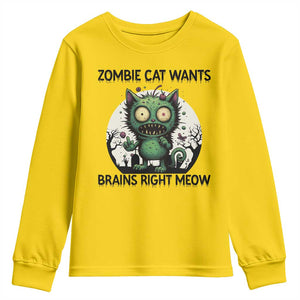 Funny Zombie Cat Wants Brains Right Meow Youth Sweatshirt Halloween Zombie Kitten TS12 Daisy Print Your Wear