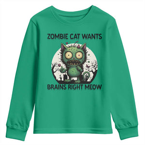 Funny Zombie Cat Wants Brains Right Meow Youth Sweatshirt Halloween Zombie Kitten TS12 Irish Green Print Your Wear