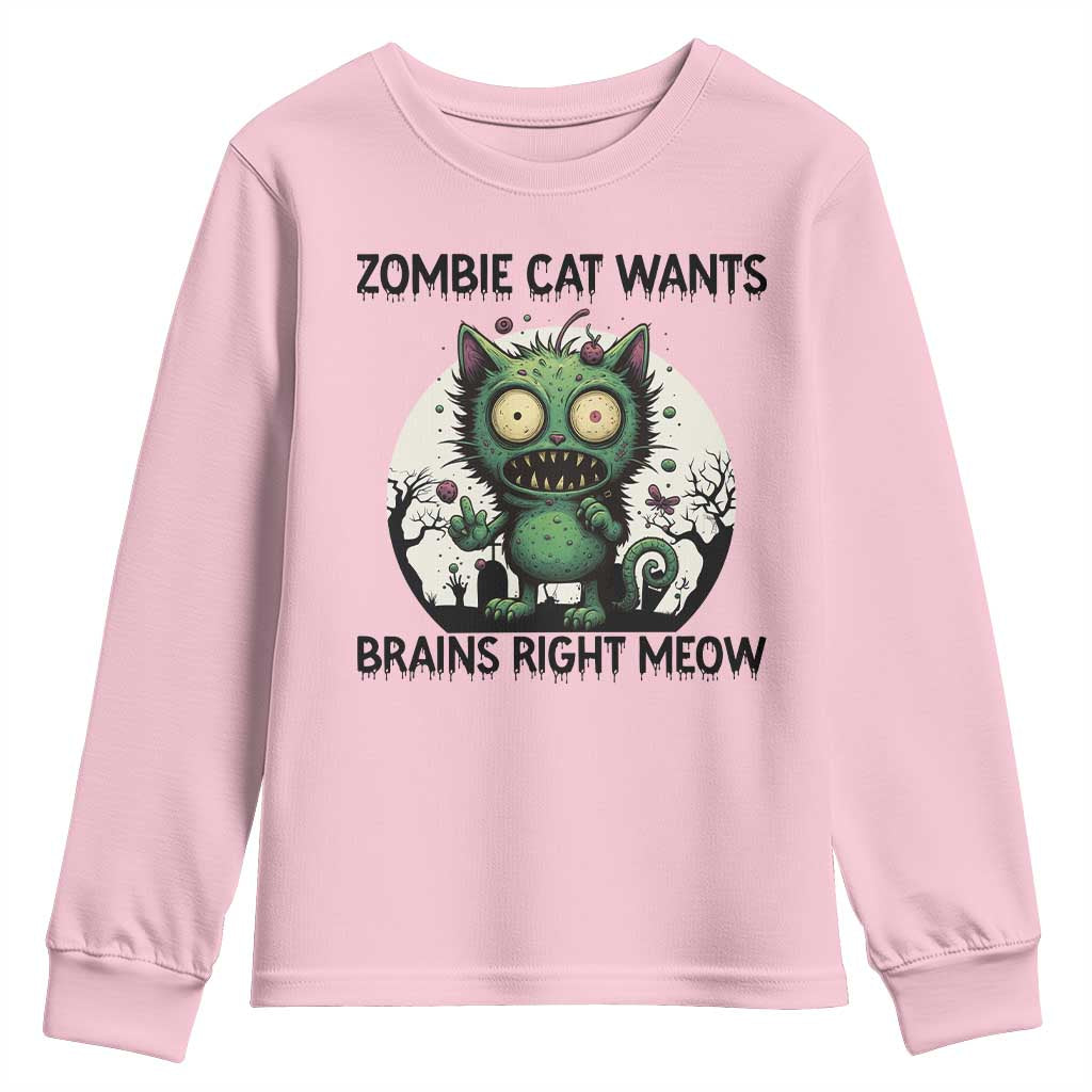 Funny Zombie Cat Wants Brains Right Meow Youth Sweatshirt Halloween Zombie Kitten TS12 Light Pink Print Your Wear