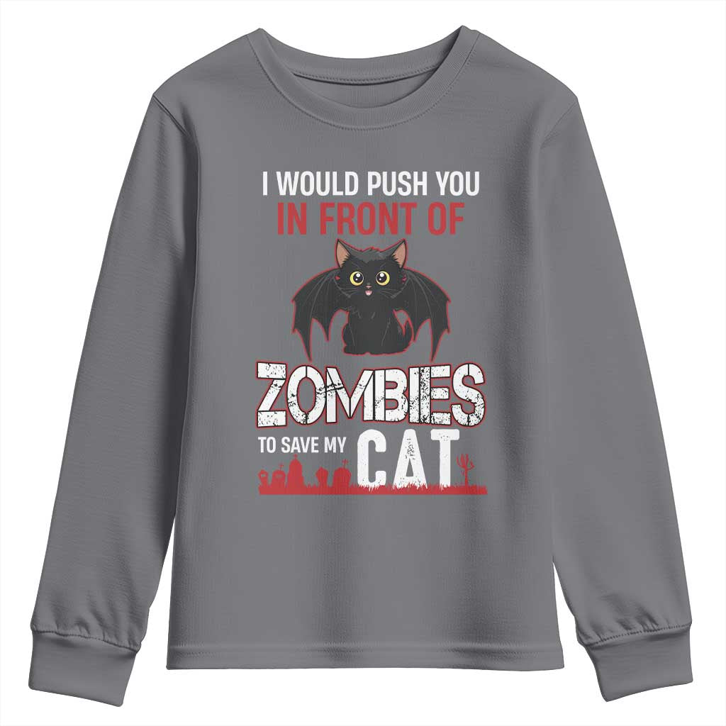 I Would Push You in Front Of Zombies To Save My Cat Youth Sweatshirt Halloween Cat TS12 Charcoal Print Your Wear