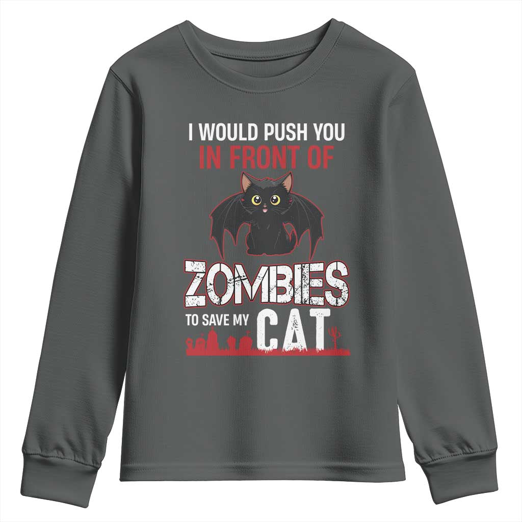 I Would Push You in Front Of Zombies To Save My Cat Youth Sweatshirt Halloween Cat TS12 Dark Heather Print Your Wear