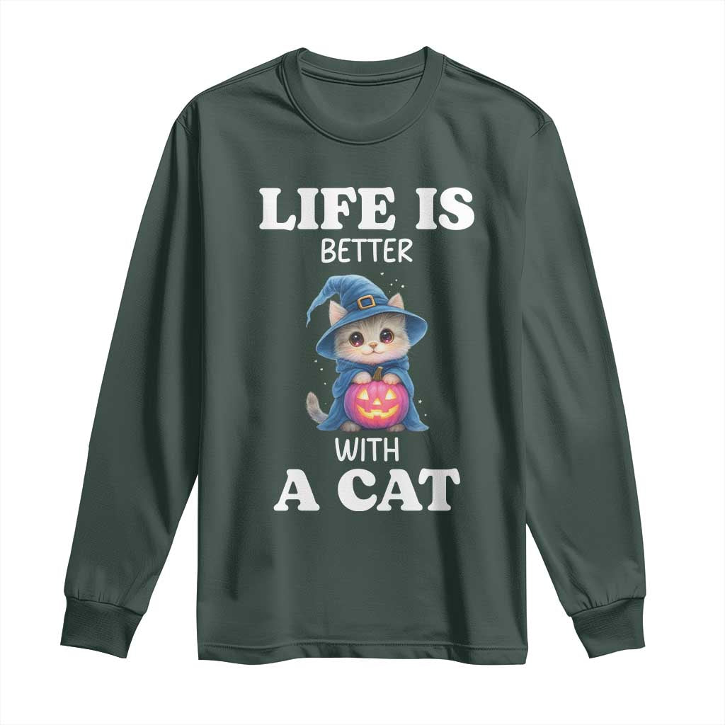 Halloween Kitty Long Sleeve Shirt Cute Life Is Better With A Cat TS12 Dark Forest Green Print Your Wear