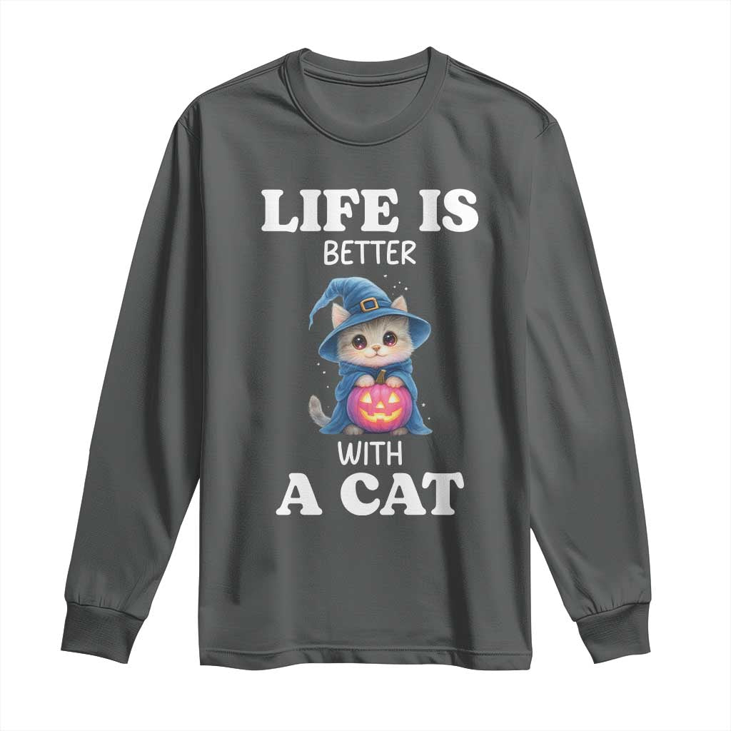 Halloween Kitty Long Sleeve Shirt Cute Life Is Better With A Cat TS12 Dark Heather Print Your Wear
