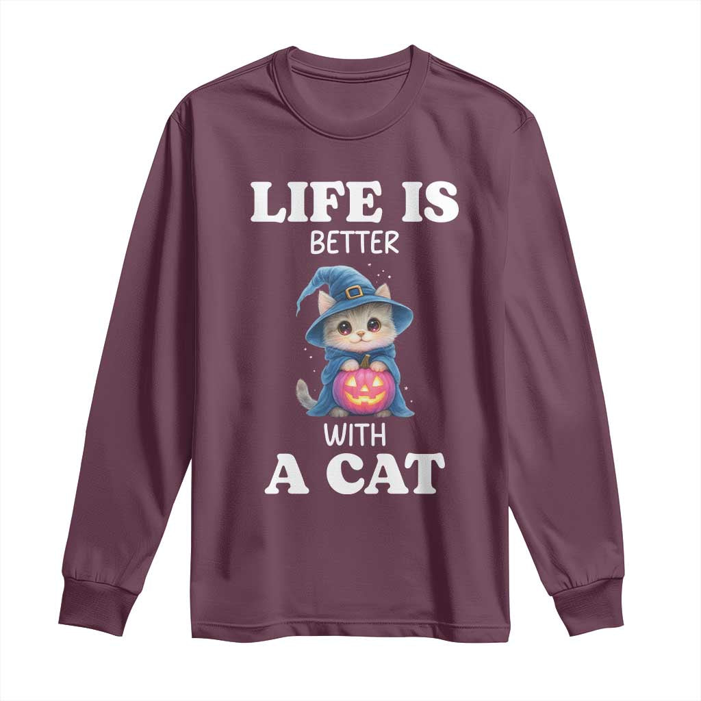 Halloween Kitty Long Sleeve Shirt Cute Life Is Better With A Cat TS12 Maroon Print Your Wear