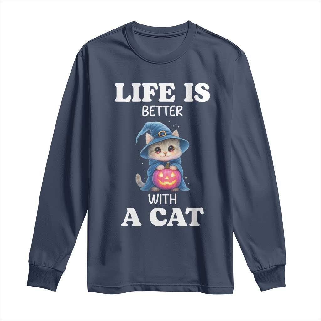Halloween Kitty Long Sleeve Shirt Cute Life Is Better With A Cat TS12 Navy Print Your Wear