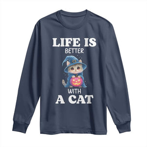 Halloween Kitty Long Sleeve Shirt Cute Life Is Better With A Cat TS12 Navy Print Your Wear