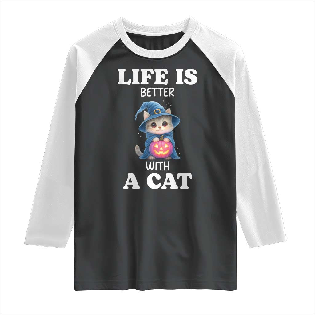 Halloween Kitty Raglan Shirt Cute Life Is Better With A Cat TS12 Black White Print Your Wear