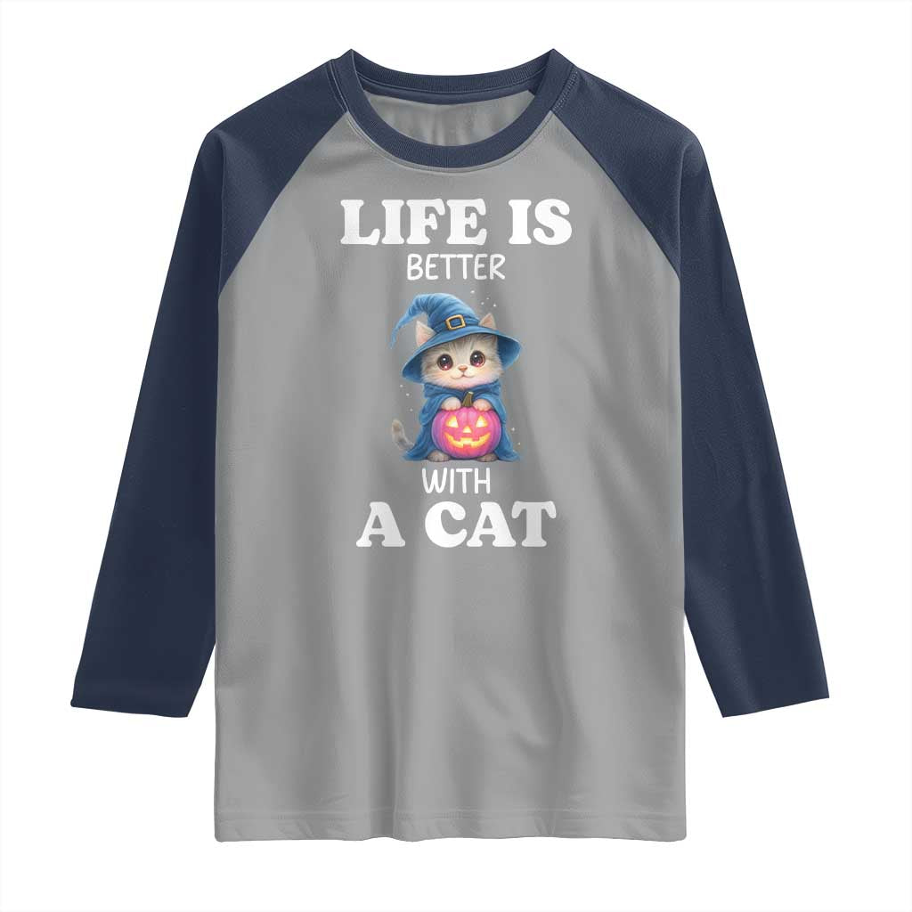 Halloween Kitty Raglan Shirt Cute Life Is Better With A Cat TS12 Sport Gray Navy Print Your Wear